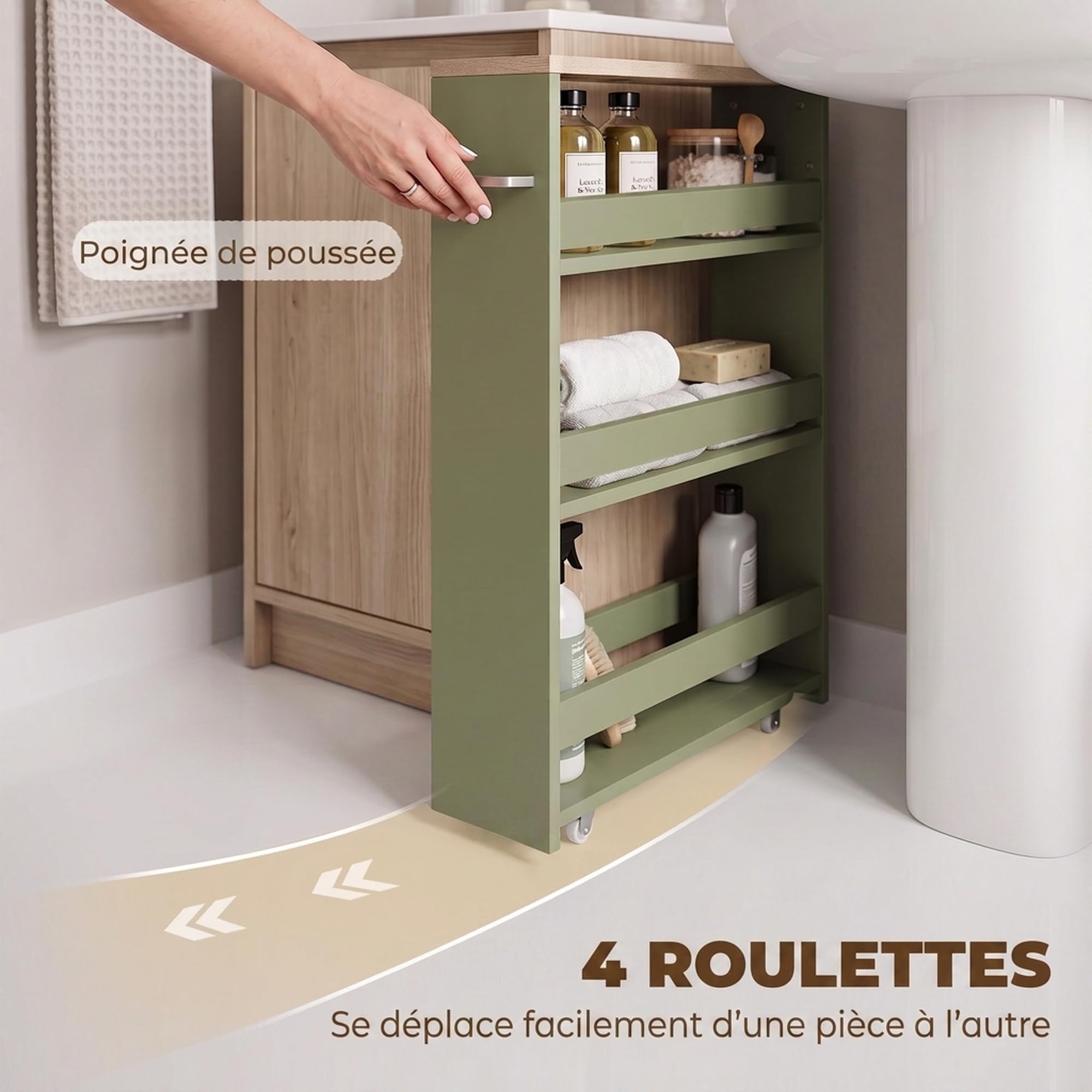 kleankin Aufbewahrungswagen mit 3 Ebenen, Aufbewahrungswagen, Regal auf Rollen, für Küche, Badezimmer, Waschküche, Büro mit Griff – 48 x 15 x 80 cm, Grün