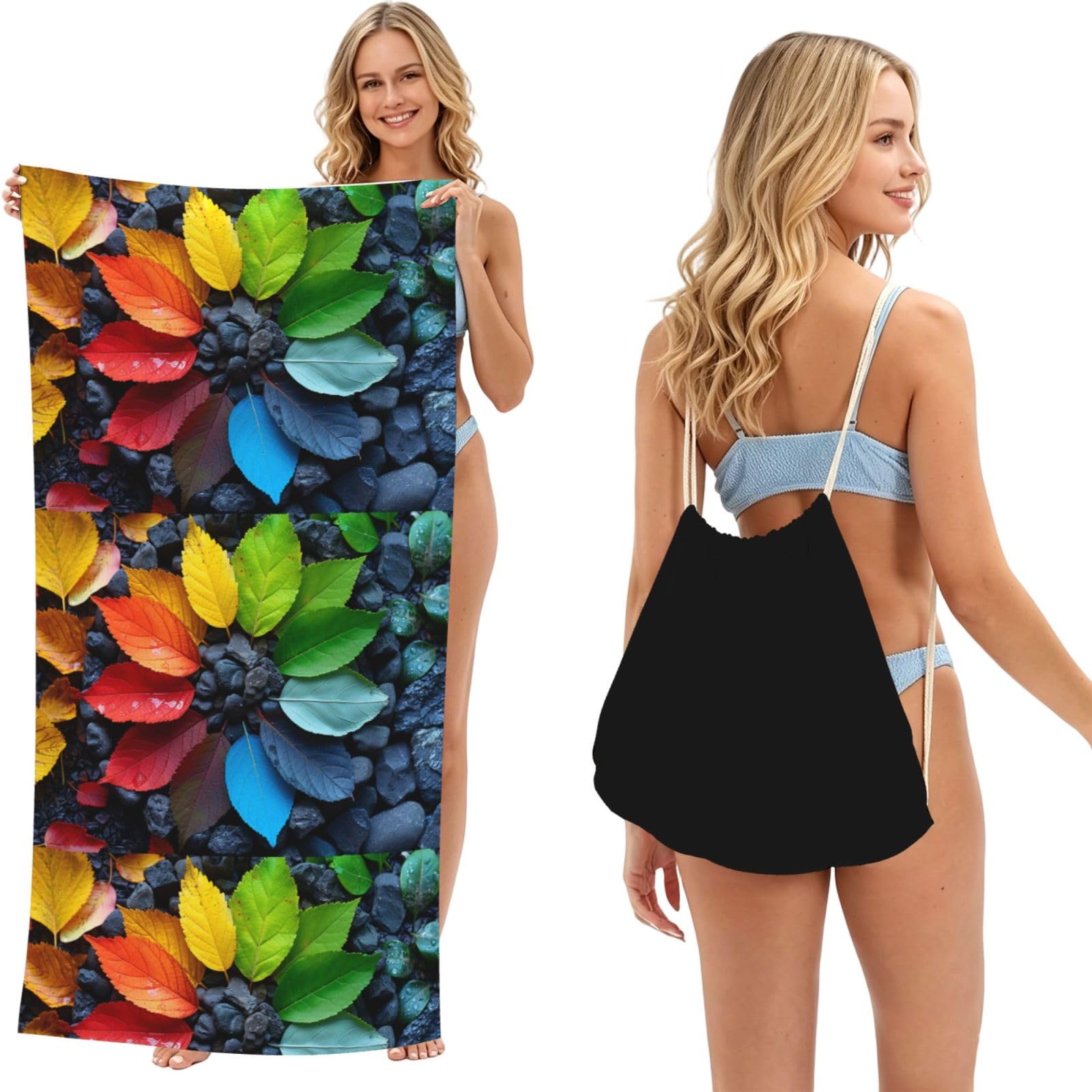 SKGOHLH Colorful leaves and petals 2in1 Packable Beach Towel Bag Women