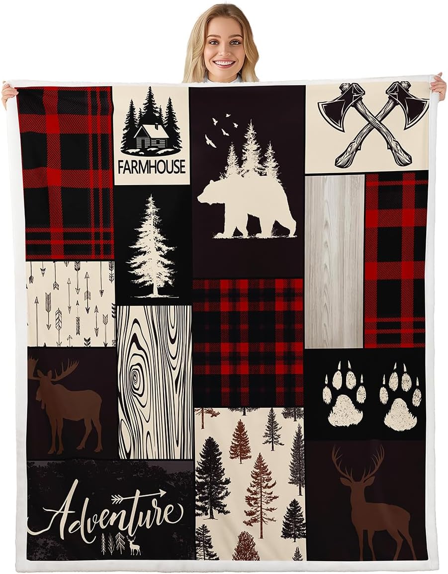 Retro Cabin Throw Blanket For Boys, Checkered Plaid Patchwork Fleece Blanket, Woodland Wildlife Deer Bear Trees Fuzzy Blanket Country Farmhouse Moose Sherpa Flannel Blanket, Red Black, Queen Size