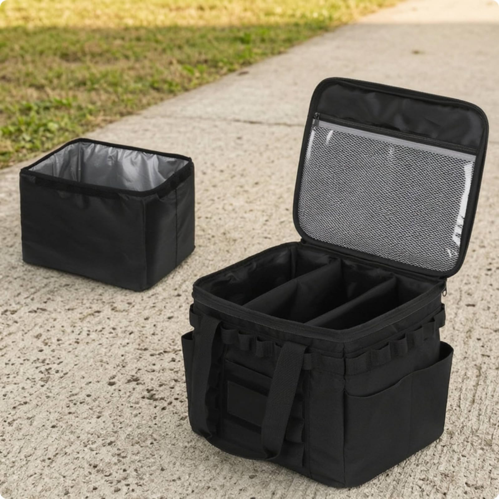 Outdoor Folding Light Borsa da Campeggio Organizer Contenitore Custodia con Scomparti in Poliestere Imbottito Portatile con Manici Adatto a Campeggio Viaggio Auto Picnic, Nero