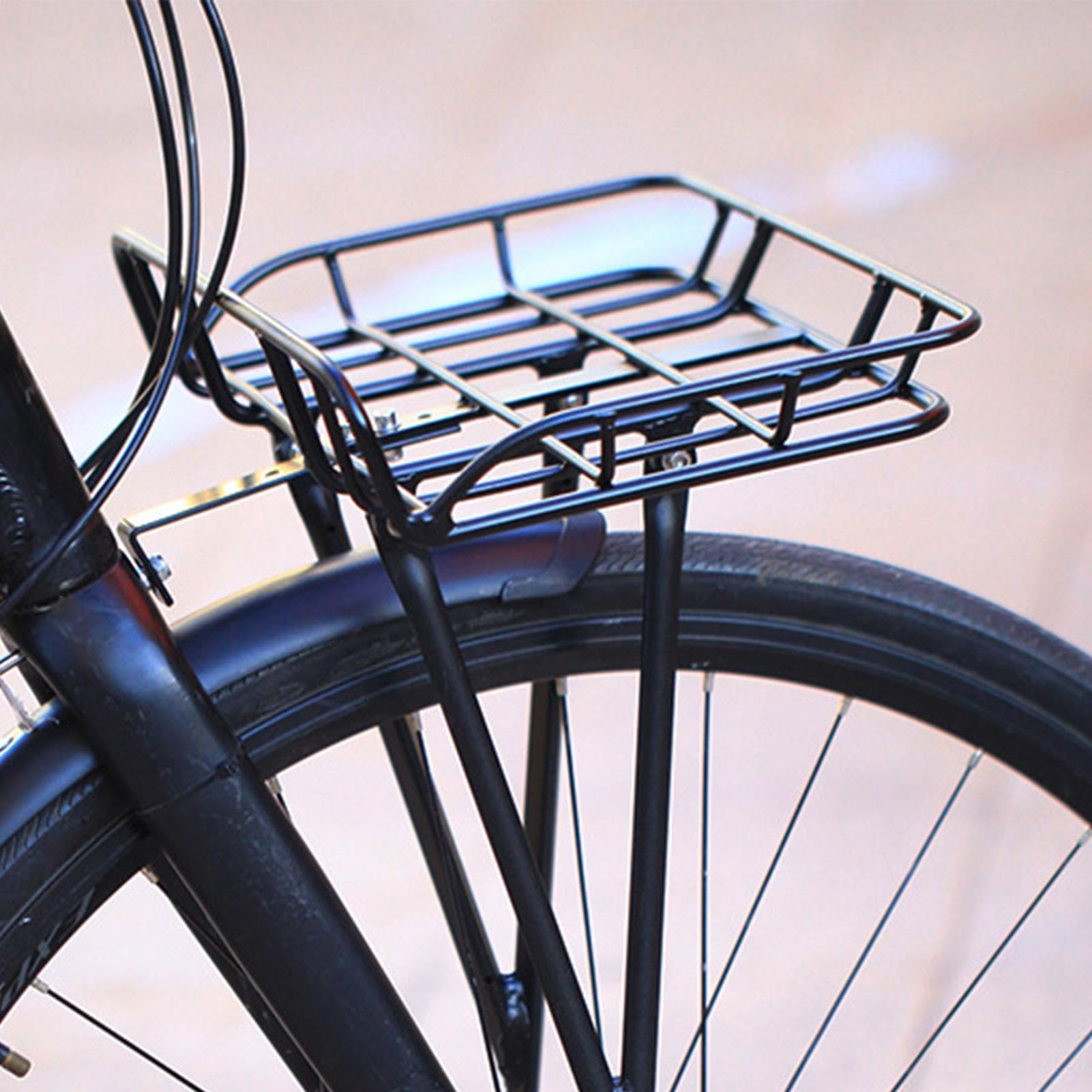 Fahrrad Gepäckträger Vorne Leicht - Universal für Rennrad & Tourenrad, Vorderradgepäckträger inkl. Gepäcknetz, Einfache Montage, Aluminium Front-Lastenträger, Schwarz