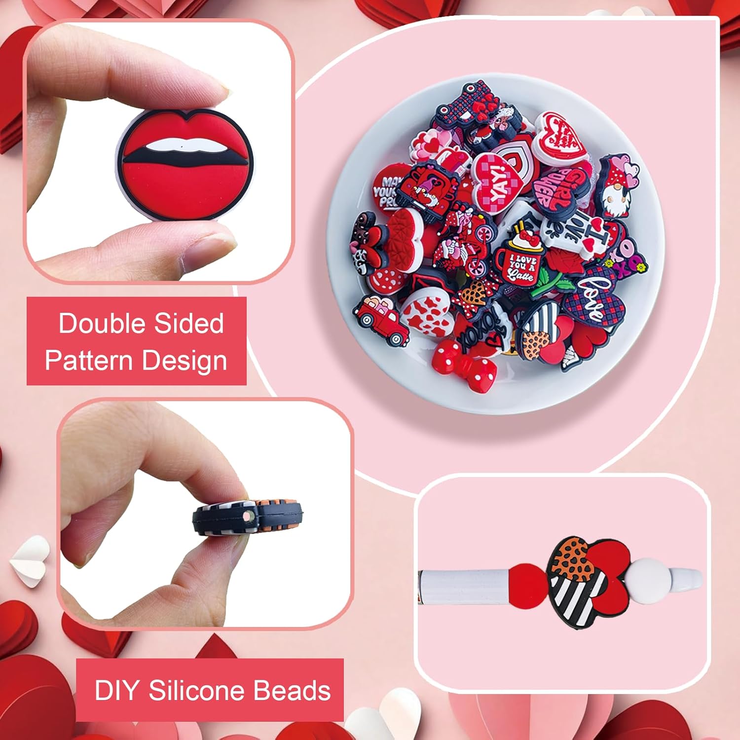 50Pcs Valentine Silicone Focal Beads Love Heart Loose Rubber Beads for Pen DIY Art Craft Keychain Making Accessories(50 Styles Mix) - Image 3