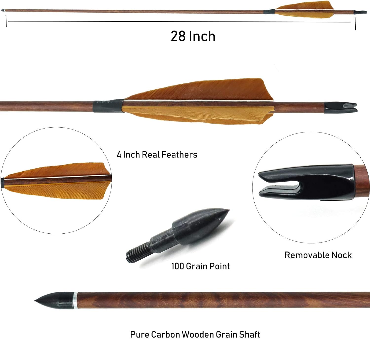 28 Inch/30 Inch Carbon Archery Arrows, 500 Spine with 4 Inch Turkey Feather Fletching, Removable Tips Hunting and Target Practice Arrows for Compound Bow and Recurve Bow, 12 Pcs