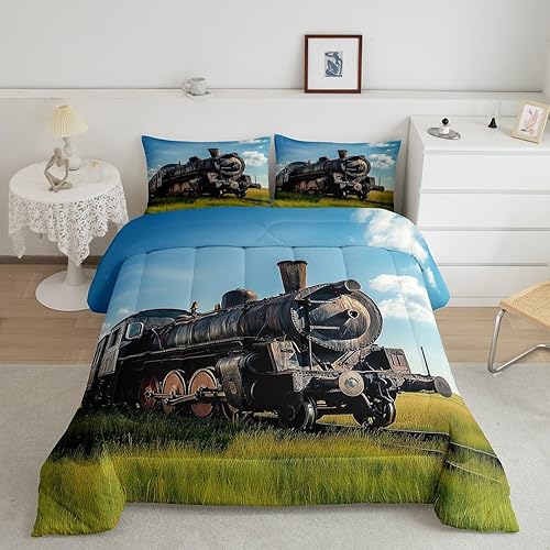 Miniatura 2 de Erosebridal Juego de edredón de tren tamaño individual, juego de ropa de cama retro con motor de vapor para niños y adolescentes, juego de edredón