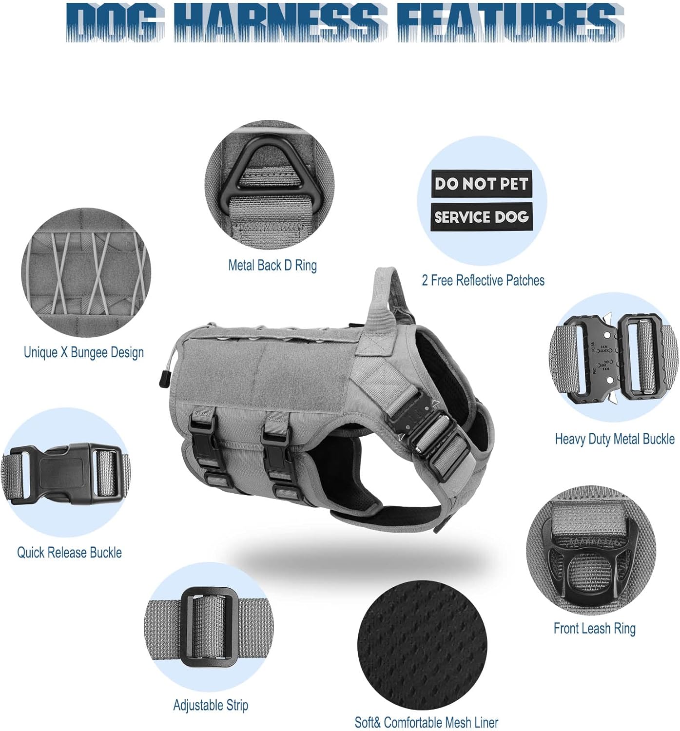 PETNANNY Tactical Dog Harness - No Pull Dog Harness for Large Dogs, Heavy Duty Dog MOLLE Vest for Medium Service Dog, Adjustable Vest with Handle, Hook, Loop Panel, Reflective Patches(Gray, L) : Pet Supplies