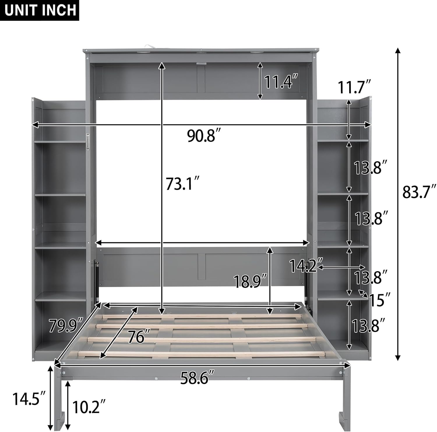 Flieks Full Size Murphy Bed Frame unfolded at night, with LED lights illuminated, providing soft ambient light.