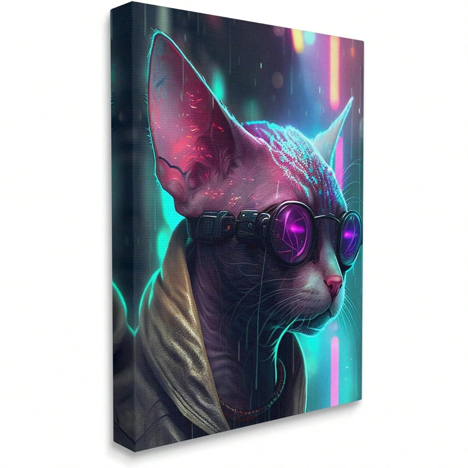 AIHNBF Tableau Cyberpunk Chat Sphynx Portrait Néon Art Mural Impression sur Toile Décoration Murale Sci-Fi Moderne pour Salle de Gaming Chambre Bureau Déco Style Futuriste 50x75cm