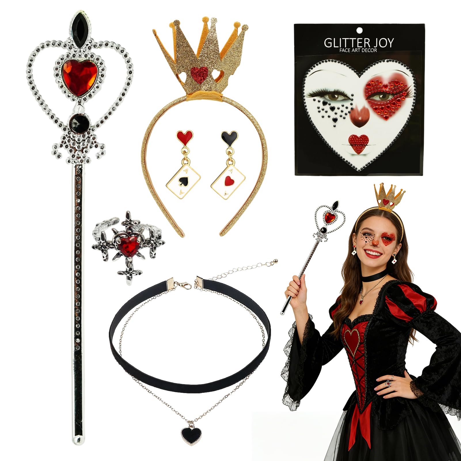 Queen of Hearts Costume for Women, Queen of Hearts Costume Accessories with Earrings, Headband, Face Tattoo etc Set for Halloween, Carnival, Cosplay, Costume Party