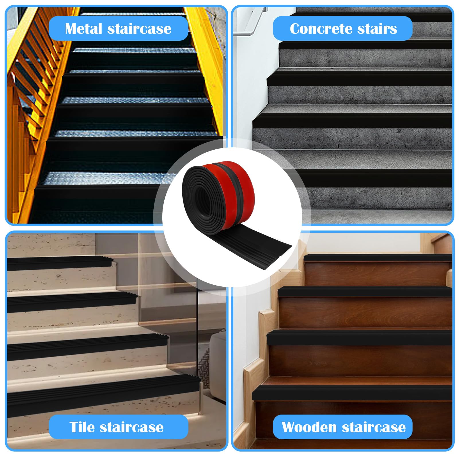 Profilo per bordi delle scale, autoadesivo, 6 m, per scale, antiscivolo, antiscivolo, in gomma, flessibile, per esterni e interni, colore nero