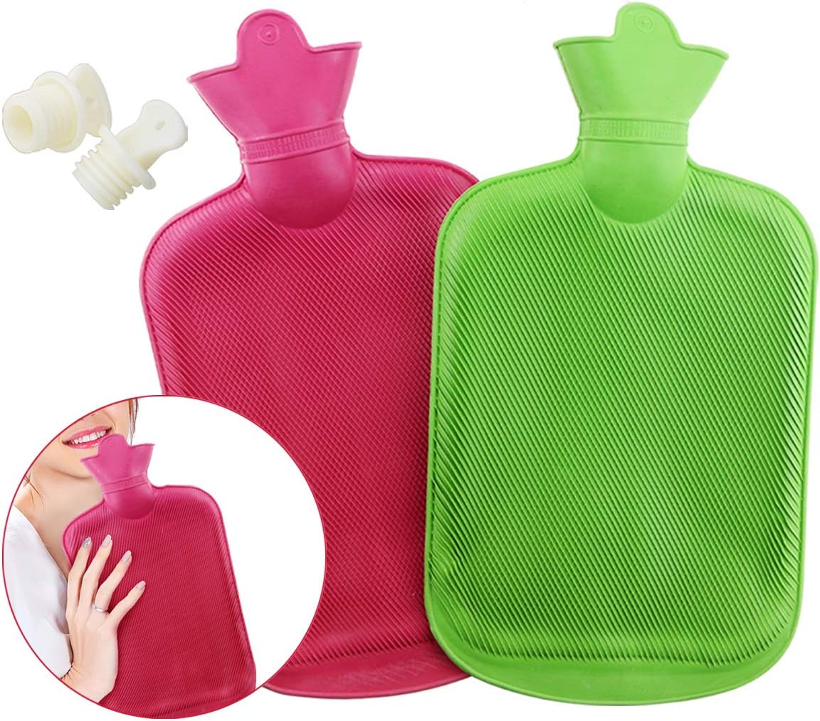 2 Pack Premium Simple Rubber 2L Hot Water Bag(a red one and a Green one),Great for Pain Relief,Hot and Cold Therapy,Natural Rubber BPA Free- Durable Hot Water Bottle