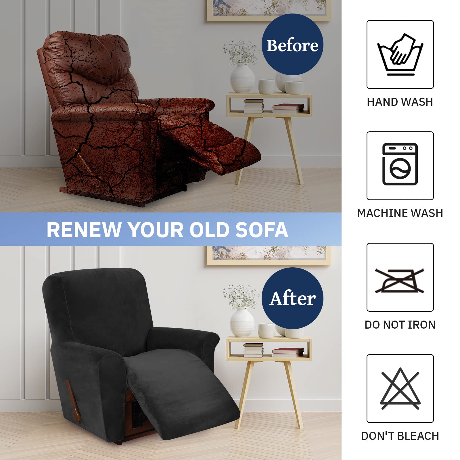 WEERRW Housse de fauteuil inclinable en velours très extensible, lavable avec base élastique antidérapante pour enfants et animaux domestiques, noir