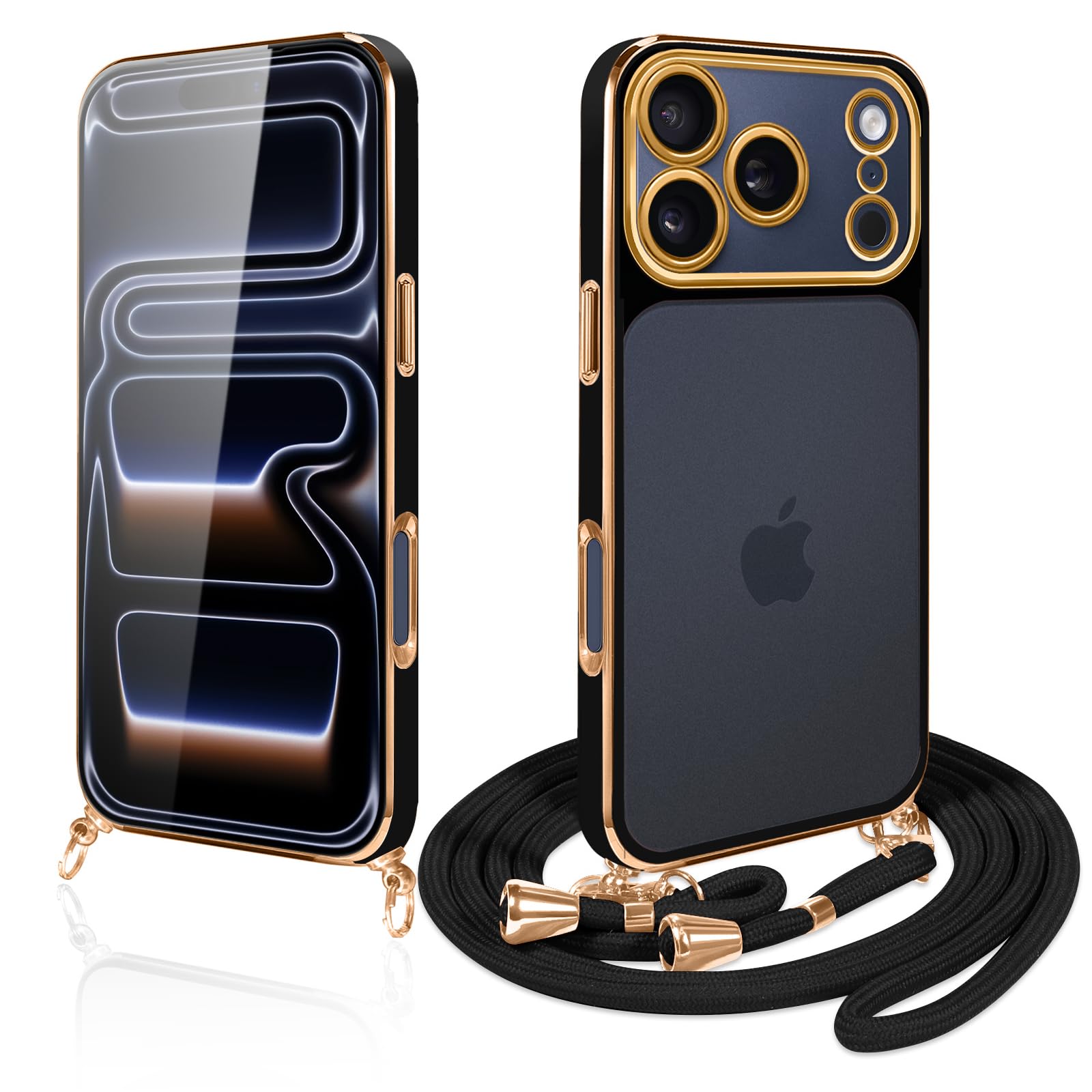 iPhone 17 Pro Max 用 ケース ショルダー クリア いphone17 Pro Max スマホケース TPU カバー ストラップ付き 肩掛け 首掛け 紐付き 斜めがけ 可愛い かわいい 韓国 薄型 透明 耐衝撃 アイフォン17 Pro Max(ブラック)
