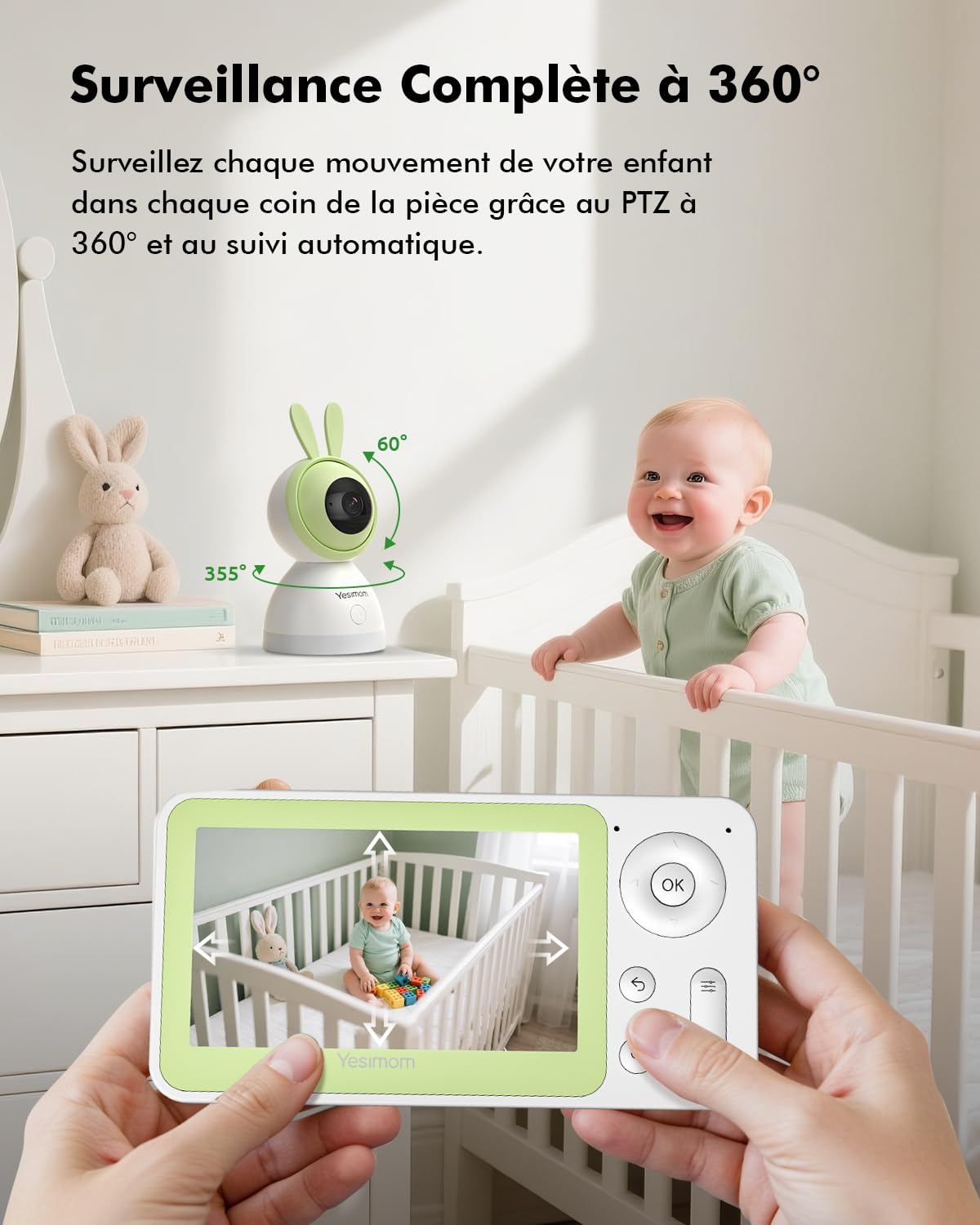 Babyphone Caméra 1080P PTZ 360°, Vision Nocturne Infrarouge, Zoom 4X, Détection de Mouvement et Suivi Automatique