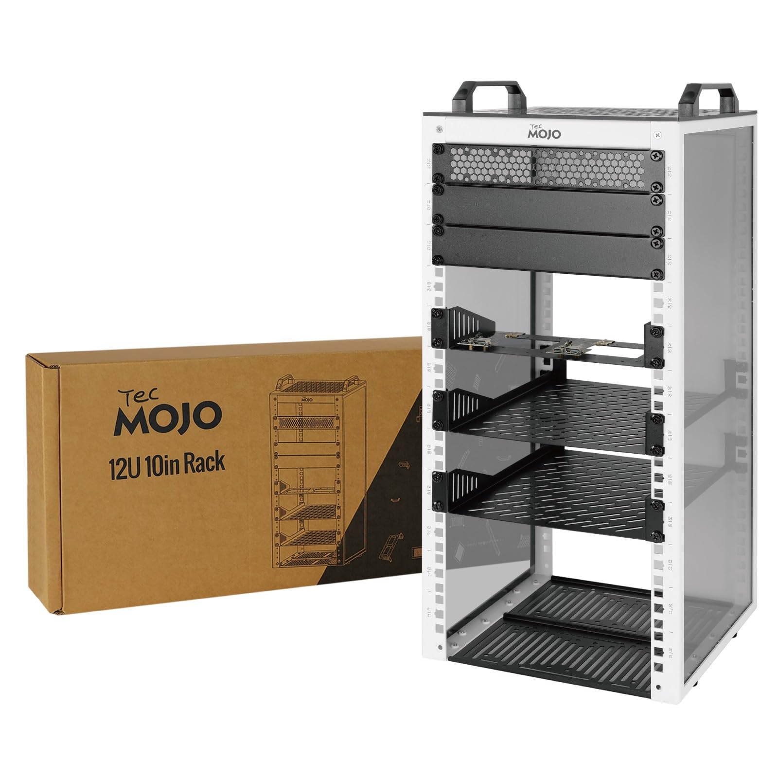 Tecmojo Rack di rete desktop 12U da 10", mini rack per server con pannelli laterali trasparenti e maniglie superiori, profondità 26 cm, adatto per apparecchiature IT da 10", pannelli patch