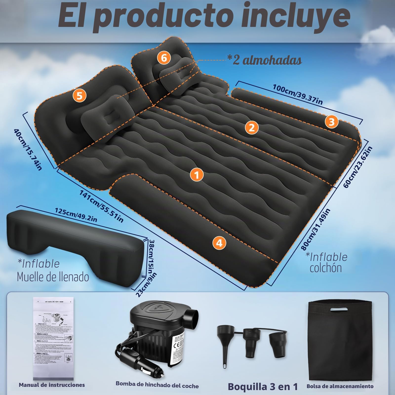 FORMIZON Colchon Coche, 180X140cm Cama Hinchable Coche con Bomba de Aire + 2 Almohadas para Cama del Asiento Trasero del Coche y SUV, Colchón de Aire Coche para Viaje y Camping (Negro)