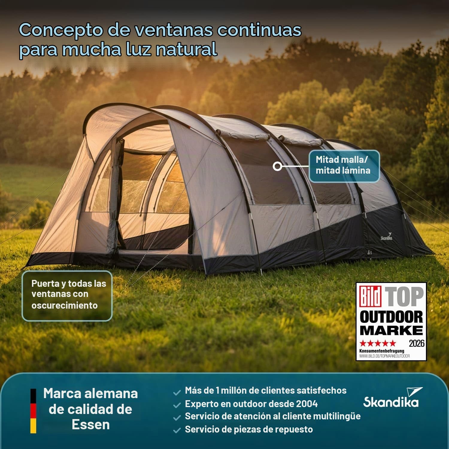 Skandika Tienda de campaña túnel Isken 3/5 | Mosquitera en la Puerta de Entrada, en Las Ventanas y en la Puerta de la Cabina - Suelo Cosido