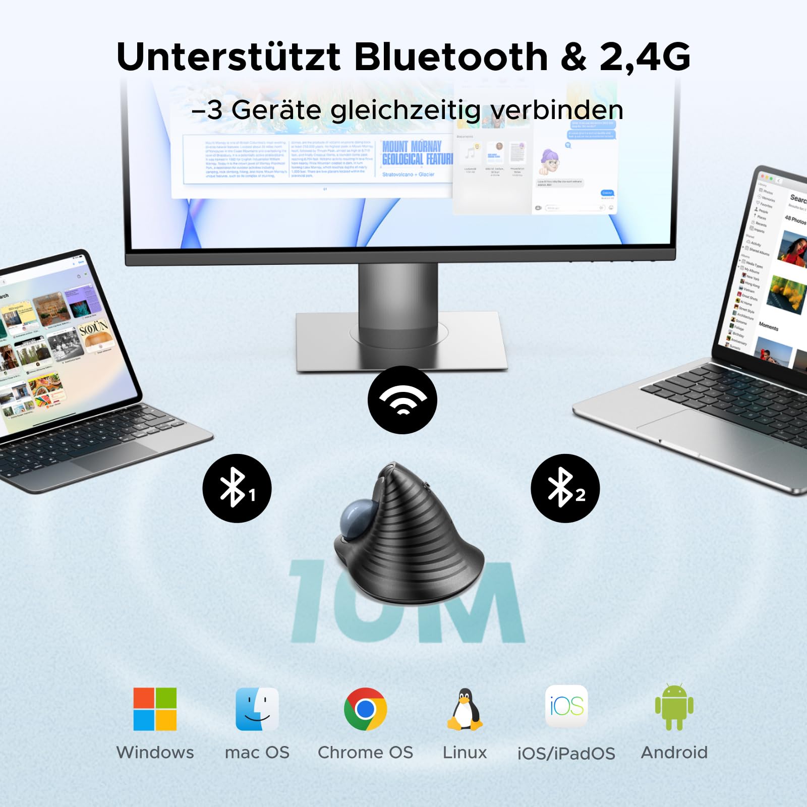 UGREEN Kabellose Trackball Maus Wiederaufladbare Ergonomische Maus | Bluetooth Maus mit Fingerbedienung, Ultra-schnelles Scrollen, 2.4G & Bluetooth Multi-Geräte für PC, Mac, Windows