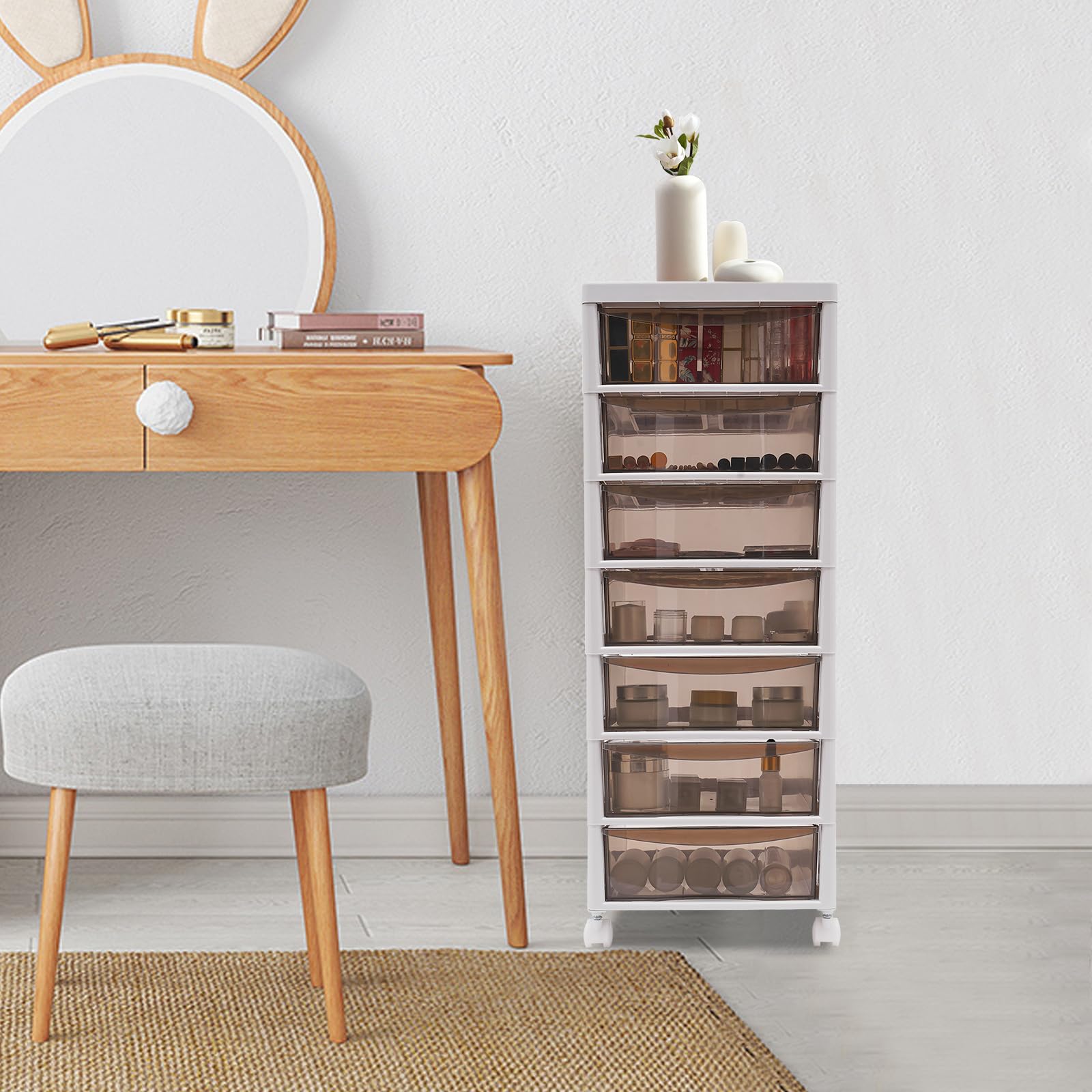 Schubladenbox aus Kunststoff, Aufbewahrungsschrank Schubladen Box Kosmetik Büroorganizer Rollcontainer Unter-Schreibtisch-Schublade, Modernes Design für Home Office und Schlafzimmer (8 Tier)