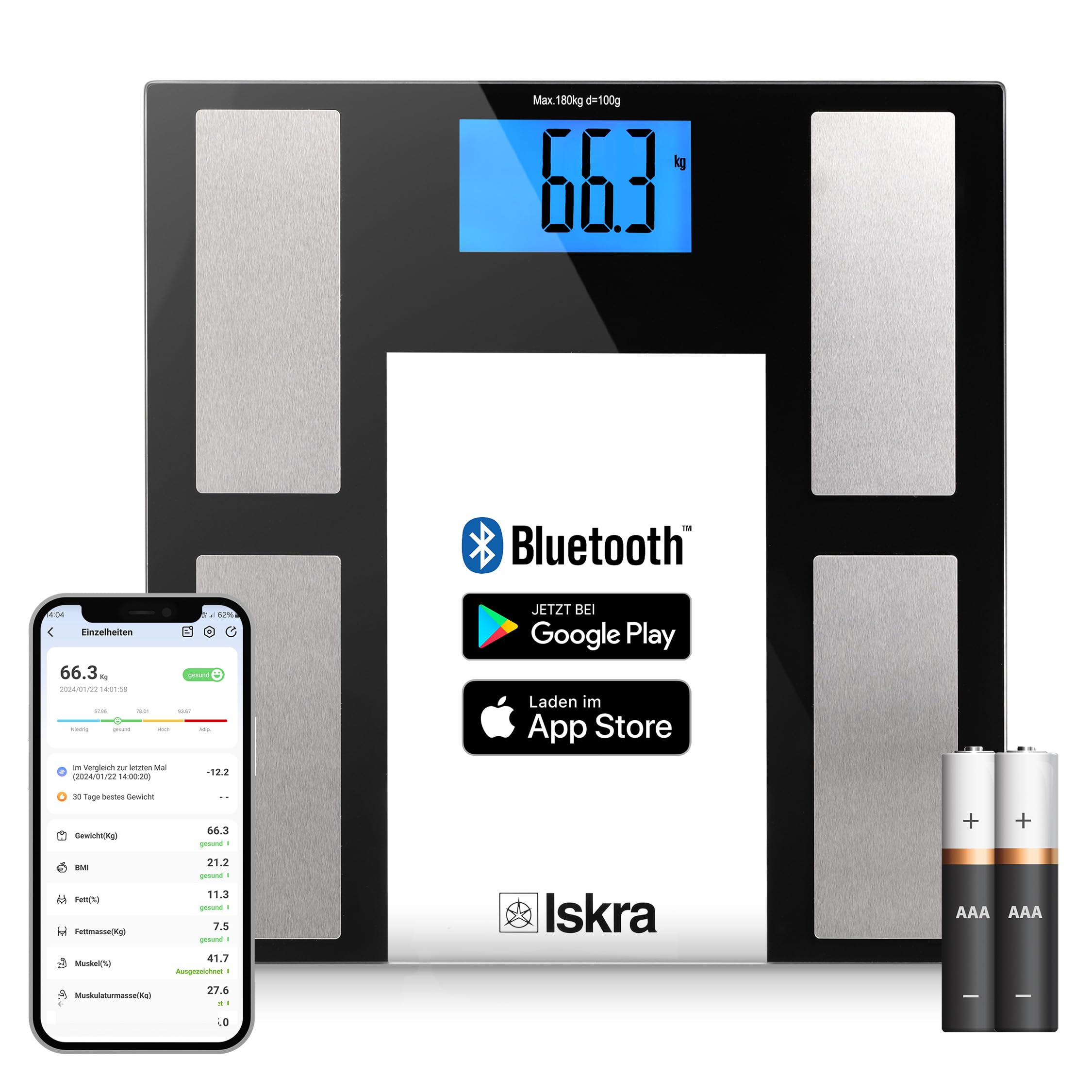 Iskra Bilancia per grasso corporeo Bluetooth con app, 180 kg, per iOS e Android, tecnologia BIA, bilancia pesapersone digitale, bilancia analitica del corpo, 10 utenti