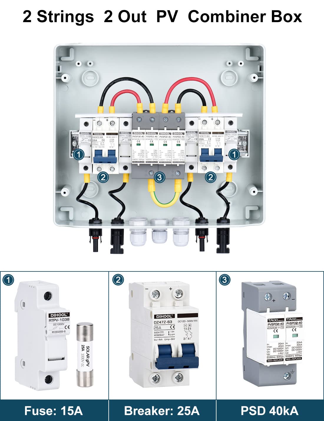 DIHOOL PV-Solar-Kombinierbox für Solarzellen, 2-strängig, 25 A, Anschlussdose, DC500 V, 25 A, 2-in-2-Ausgang