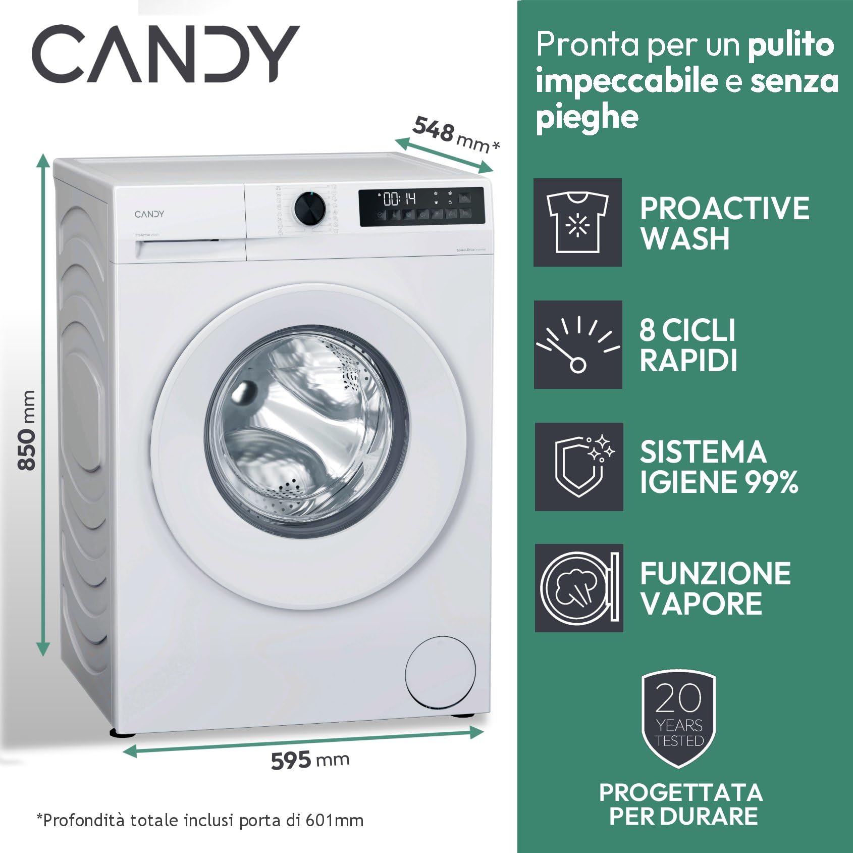 Candy ProWash 300, Lavatrice Carica Frontale, 9KG, 1400 giri, 16 Programmi, 8 Cicli Rapidi, Trattamento Vapore, Motore Silent Inverter, Bianco - GD 498-S [Classe di efficienza energetica A] - 4