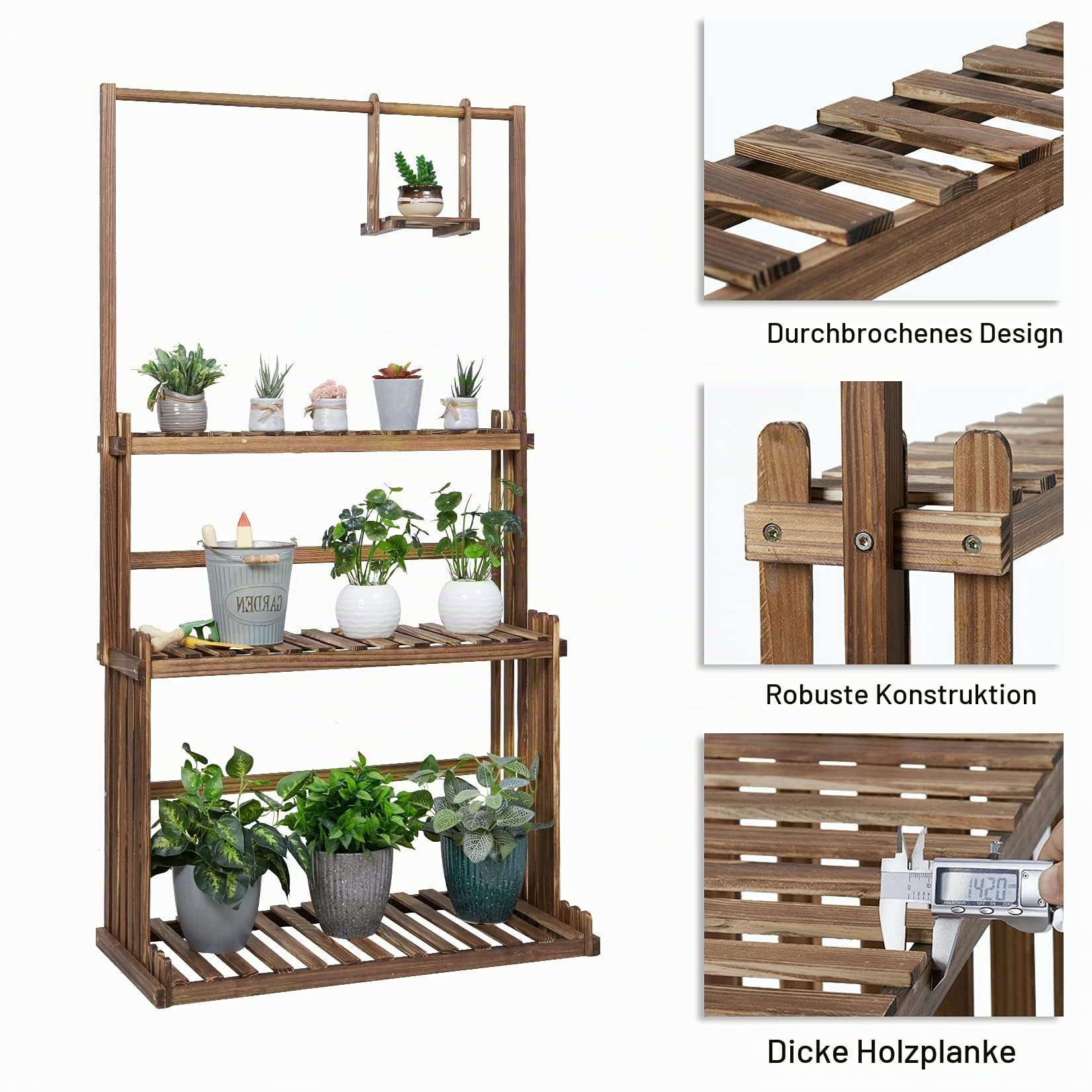 unho Blumenständer Holz, Blumentreppe 3 Ebenen, Pflanzentreppe mehrstöckig, Holzregal für Indoor Outdoor Garten Balkon, 79x36.5x145cm