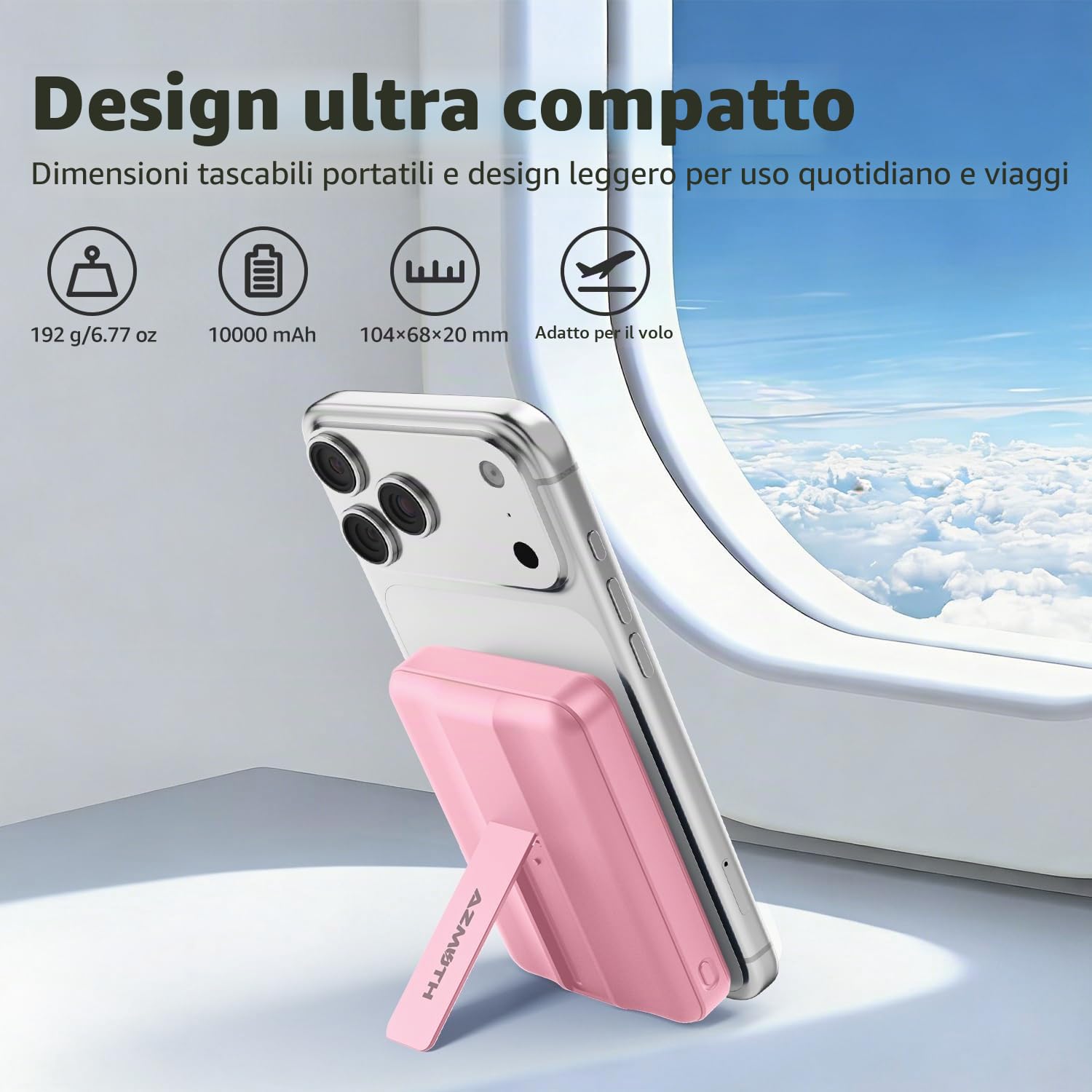 Azmuth per Magsafe Powerbank 10000mAh, Caricatore Portatile Magnetico Wireless 15W con Stand Pieghevole e Display LED USB-C 20W e USB-A 22.5W per iPhone 17/16/15/14/13/12 Pro/Pro Max/Plus Rosa