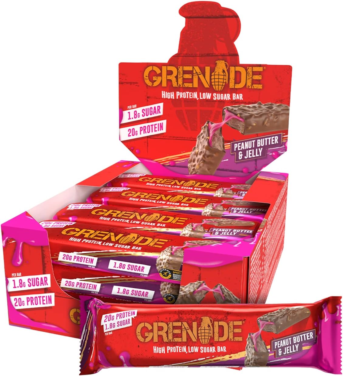 Grenade High Protein, Low Sugar Bar Peanut Butter & Jelly, 12 x 60 g