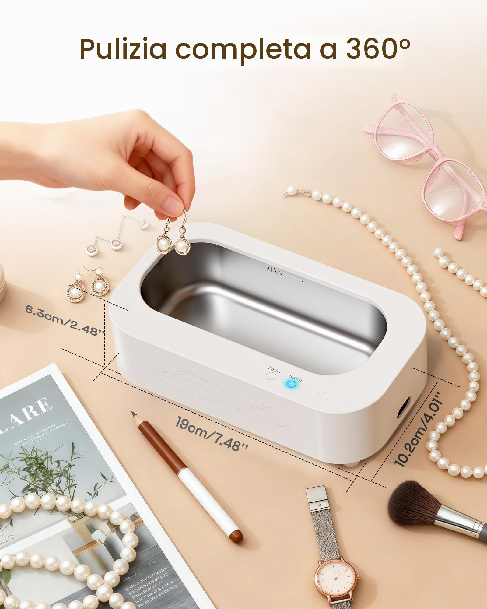 Pulitore Ultrasuoni,Professionale 48KHz Ultrasonica Lavatrice per Gioielli,Occhiali,Protesi Dentarie,Cinturini di Orologi,Retainer,Anelli - 2 Modalità di Pulizia,Serbatoio in Acciaio Inox 304 da 350ML