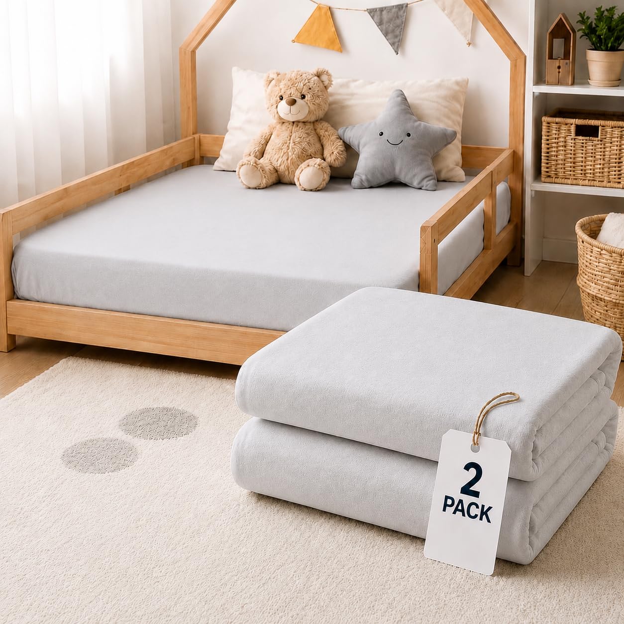 BABYMAM 2 Pack Jersey Fitted Sheet 160 x 80 cm, Breathable, 100% Cotton Soft Stretch Fitted Bed Sheet, Elasticated All Around for Toddler & Junior Bed (Light Grey)