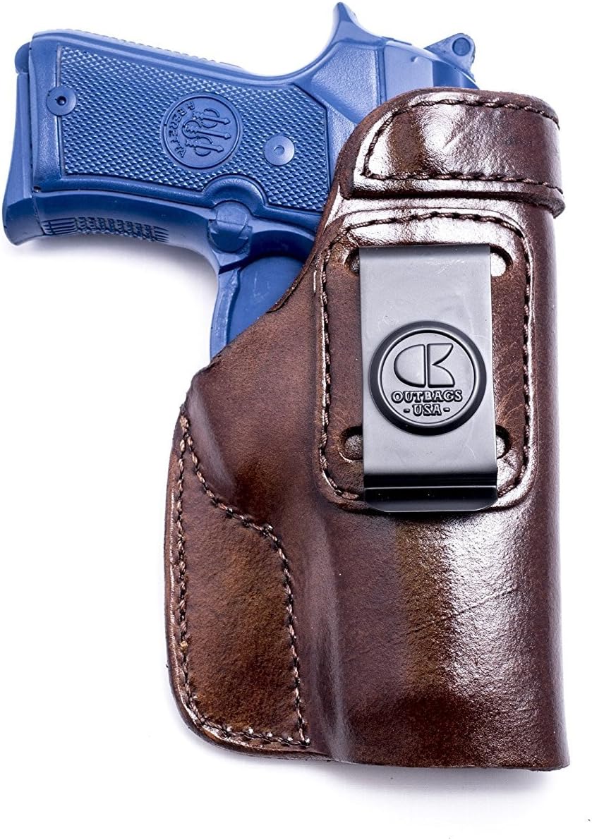 OUTBAGS USA LS192FSC (Brown-Right) Full Grain Heavy Leather IWB Conceal Carry Gun Holster for Beretta 92FS Compact 9mm with Rail. Handcrafted in USA.