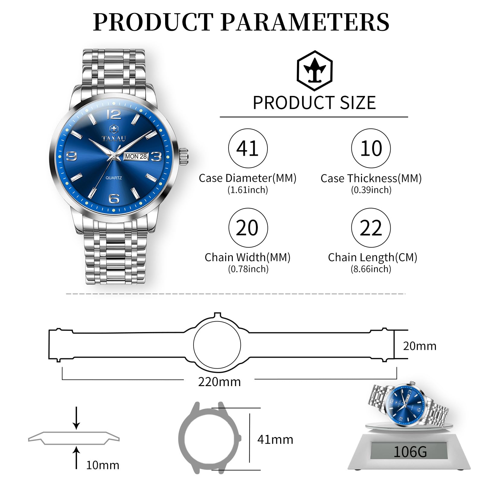 Taxau Armbanduhr Herren Analog Quarz wasserdichte Luxus Business Edelstahl Herrenuhren Multifunktion Leuchtdatum Elegantes Geschenk