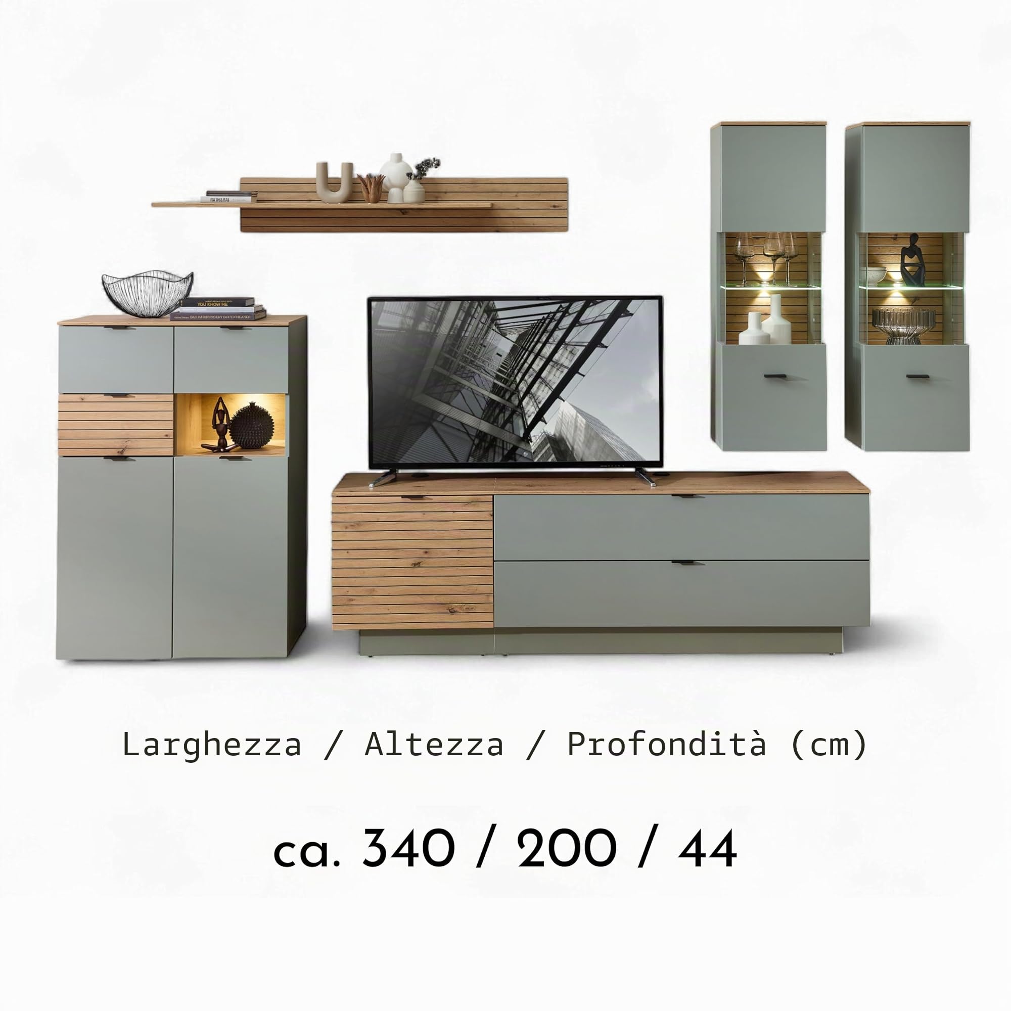 Stella Trading INA - Set completo da parete in verde canna, effetto rovere artisano, certificato FSC, 6 pezzi, con illuminazione a LED per il vostro soggiorno, 340 x 200 x 44 cm (larghezza x altezza x