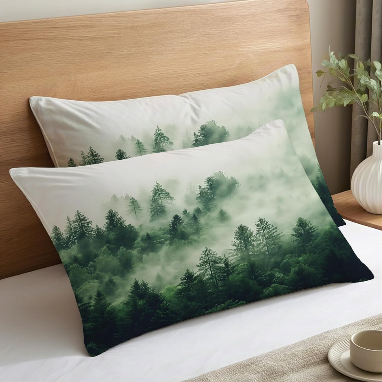 Misty Forest Pillow Cases King Size Set of 2 - Soft Breathable Microfiber Pillowcases with Envelope Closure, Nature Landscape Green Tree Patterned Pillow Covers, Forest Decor