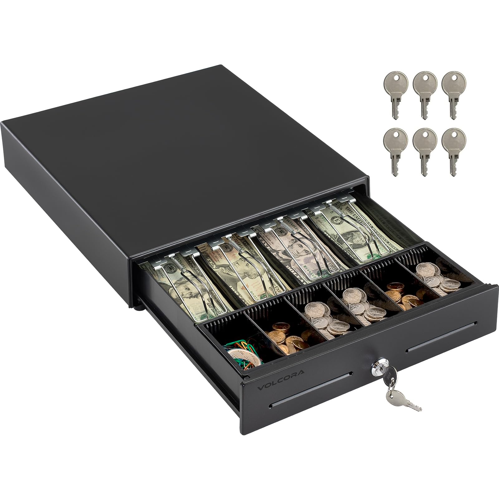 Volcora 13" POS Cash Register Drawer, 4 Bill 6 Coin Tray, Removable Coin Compartment, 12-24V RJ11/RJ12 Key-Lock, Media Slot, Black – Ideal for Small