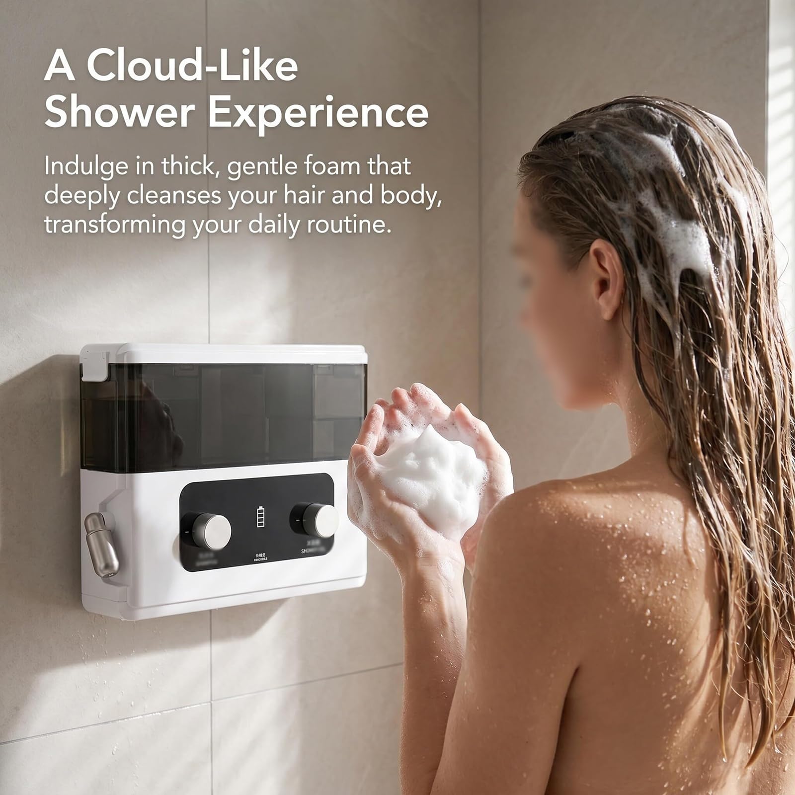 Cabezal de Ducha Inteligente con Espuma, de Pared, Boquilla Ajustable | Batería recargable de 2200 mAh, 2 modos, capacidad de 840 ml, para baño y champú, material ABS, ideal para baño y hotel