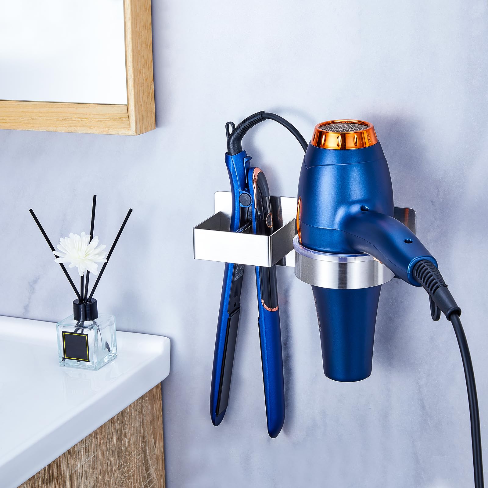 Soporte para secador de pelo montado en la pared, organizador de herramientas de pelo para baño, soporte adhesivo para secador de pelo, soporte para secador de pelo de acero inoxidable