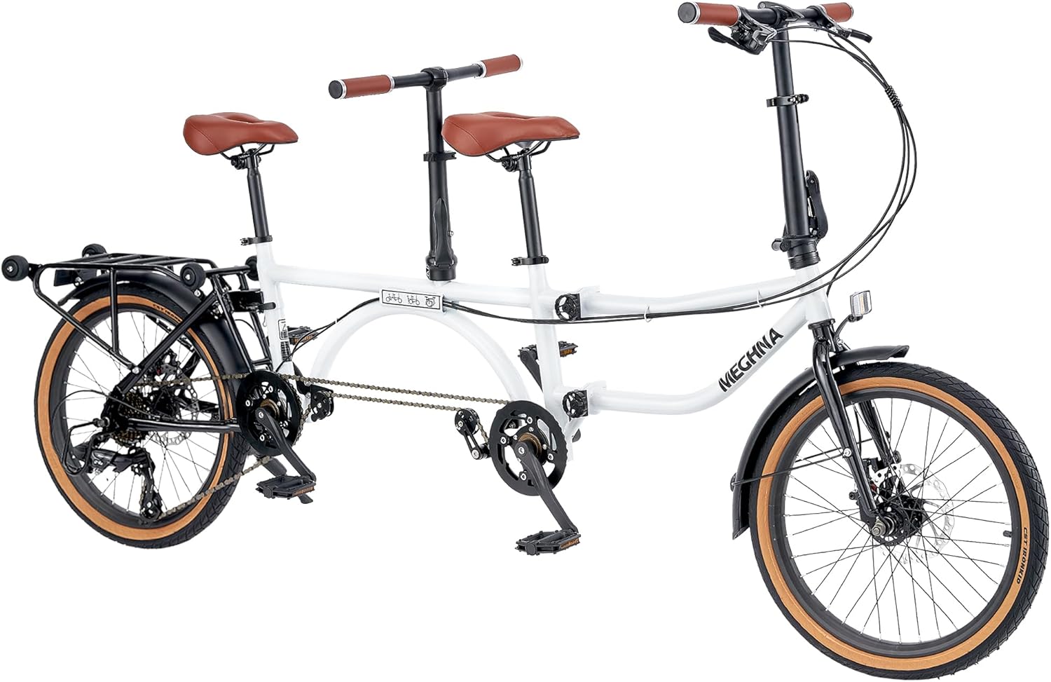 MEGHNA Tandem Bike Folding Bike 20inch Wheel 7 Speed Dual Disc Brakes Multiple Fold Cruiser Bike with Rear Rack Push Guide Wheel Fenders for Women Men Senior Couple