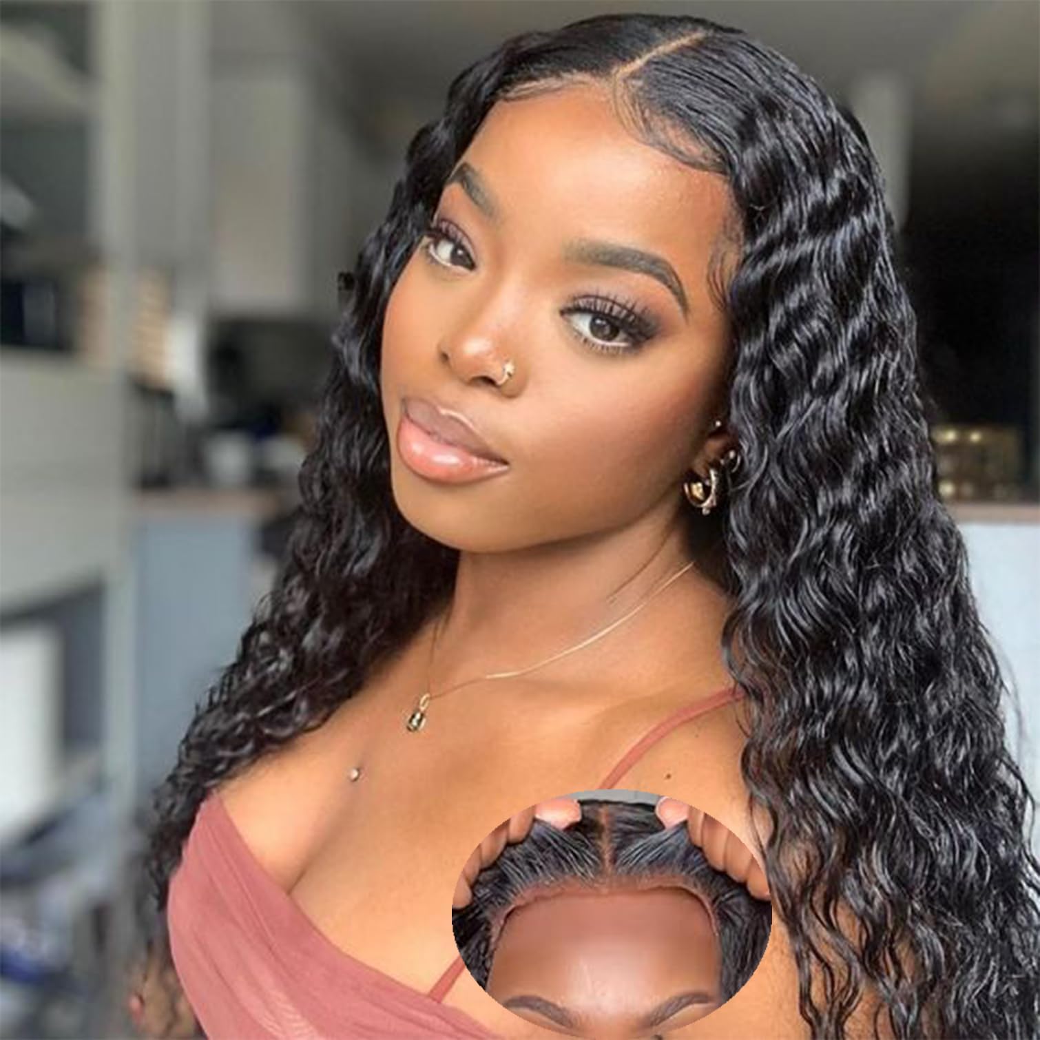 Glueless Wigs Human Hair Pre Plucked Pre Cut 5x5 Hd Lace Closure Wear and Go Deep Wave Curly Lace Front Wigs for Black Women Wet and Wavy Natural Hairline (14 Inch)