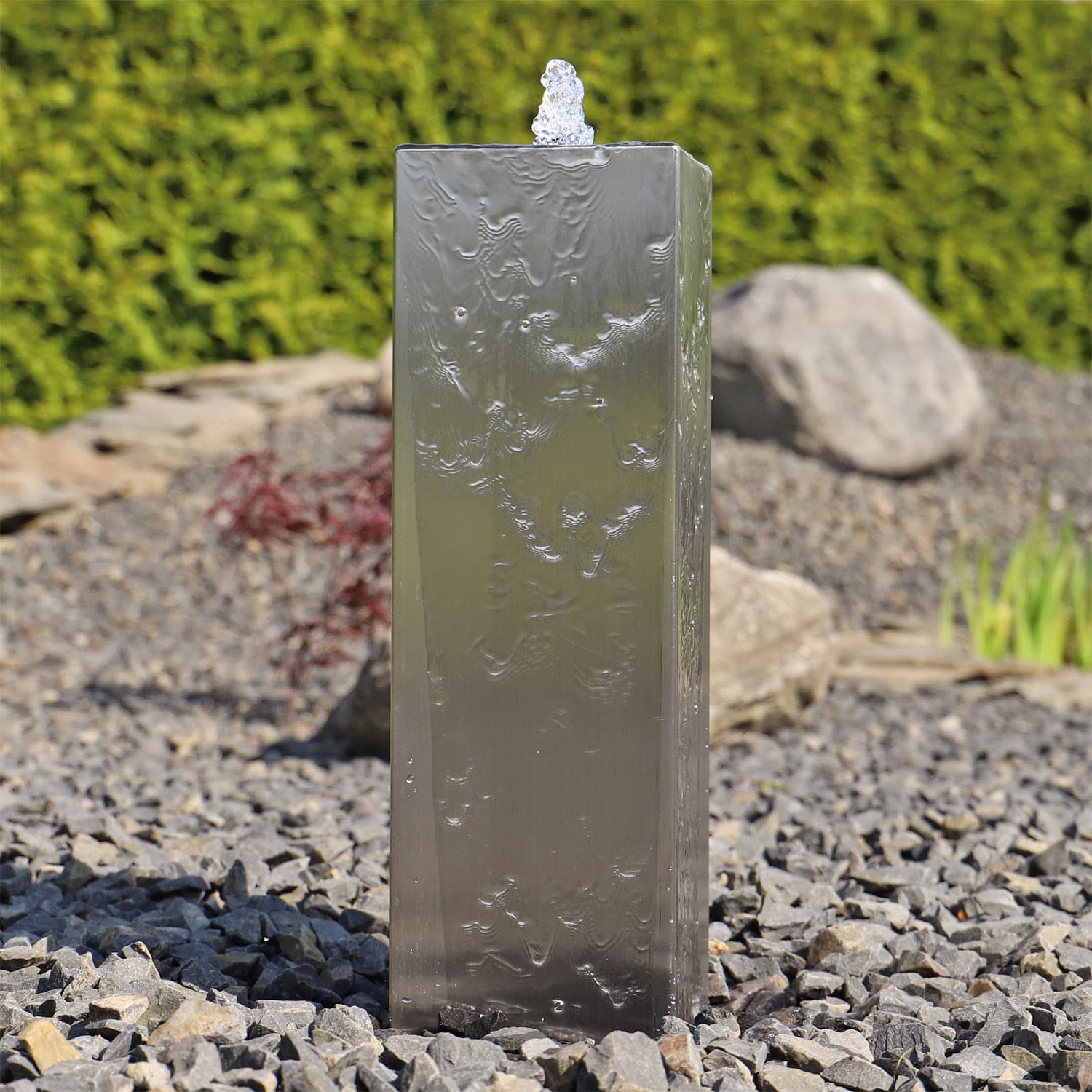 CLGarden Säulenbrunnen Edelstahl eckig ESB7 für außen Garten Brunnen Set Säule mit LED Beleuchtung