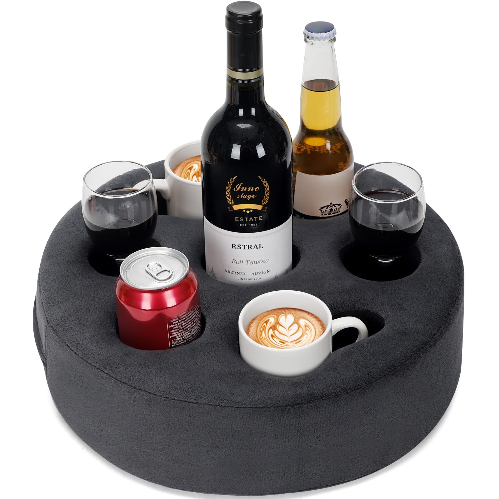 Couch-Getränkehalter, Sofa-Getränkehalter, herausnehmbares und waschbares Samt-Cup-Cosy-Kissen-Kissen-Schoßtablett mit Kaffeetassenhalter für Zuhause, Auto, Bad, Park, Reisen, drinnen, draußen – Grau