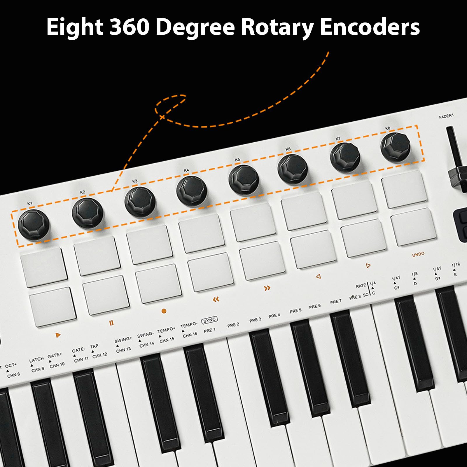 37 Controlador MIDI Clave con Sensibilidad de Velocidad, 16 Almohadillas de Batería RGB, 8 Perillas, 4 Faders, Motor de Sintetizador, Pantalla de 1.54 Pulgadas, Material ABS