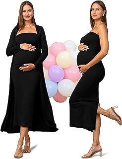 2 Piece Maternity Dress Cardigan Baby Shower Wedding Guest Summer Gender Reveal Photoshoot Tube Maternity Dress Long - Buy now
