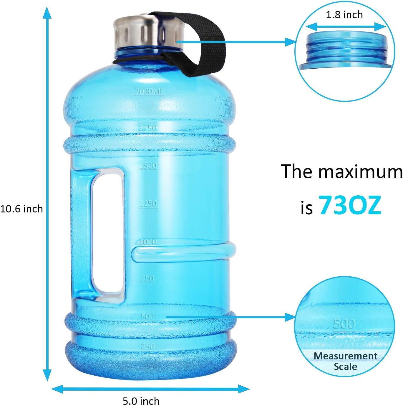 Vaupan Half Gallon Big Water Bottle, 2.2L/73 OZ Large Leak Proof Sports Jug with Handle,Huge BPA Free PETG Plastic Wide Mouth Drinking Container Flask for Fitness Gym Biking Travel Outdoor Water Jug