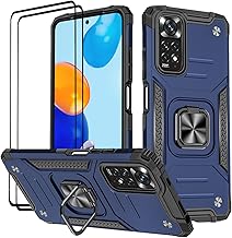 Case for Xiaomi Redmi Note 11S 4G/Redmi Note 11 4G (6.43 Inches), Tempered Glass [2 Pieces] + TPU Silicone Case 360° Rotation Magnet Ring Stand Dual Defense Protection Case – Blue