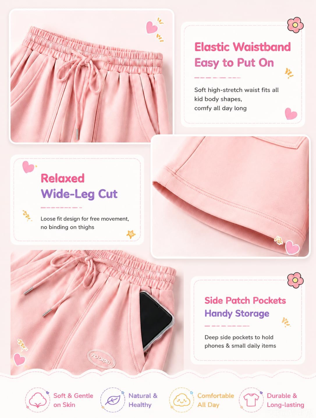 3 Pack Girls Bermuda Short-100% Cotton, Cargo Athletic Shorts Knee Length w/Drawstring Pockets for Soccer Sports/Daily Wear