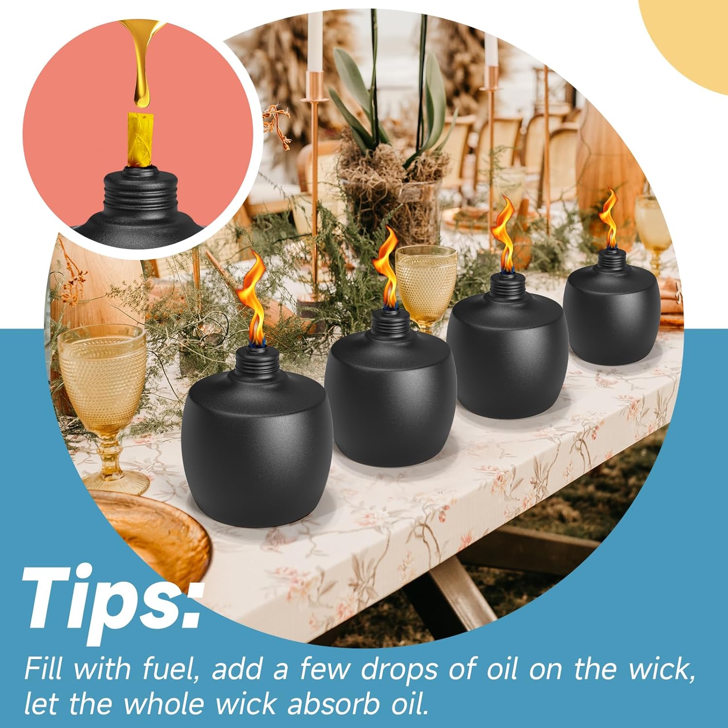 6-Pack Citronella Tabletop Torches, 21.5 oz Table Top Torches for Outdoor, Metal Oil Burner Candles, Garden Torches with Fiberglass Wick for Yard, Patio, Deck, Garden, Party, Landscape