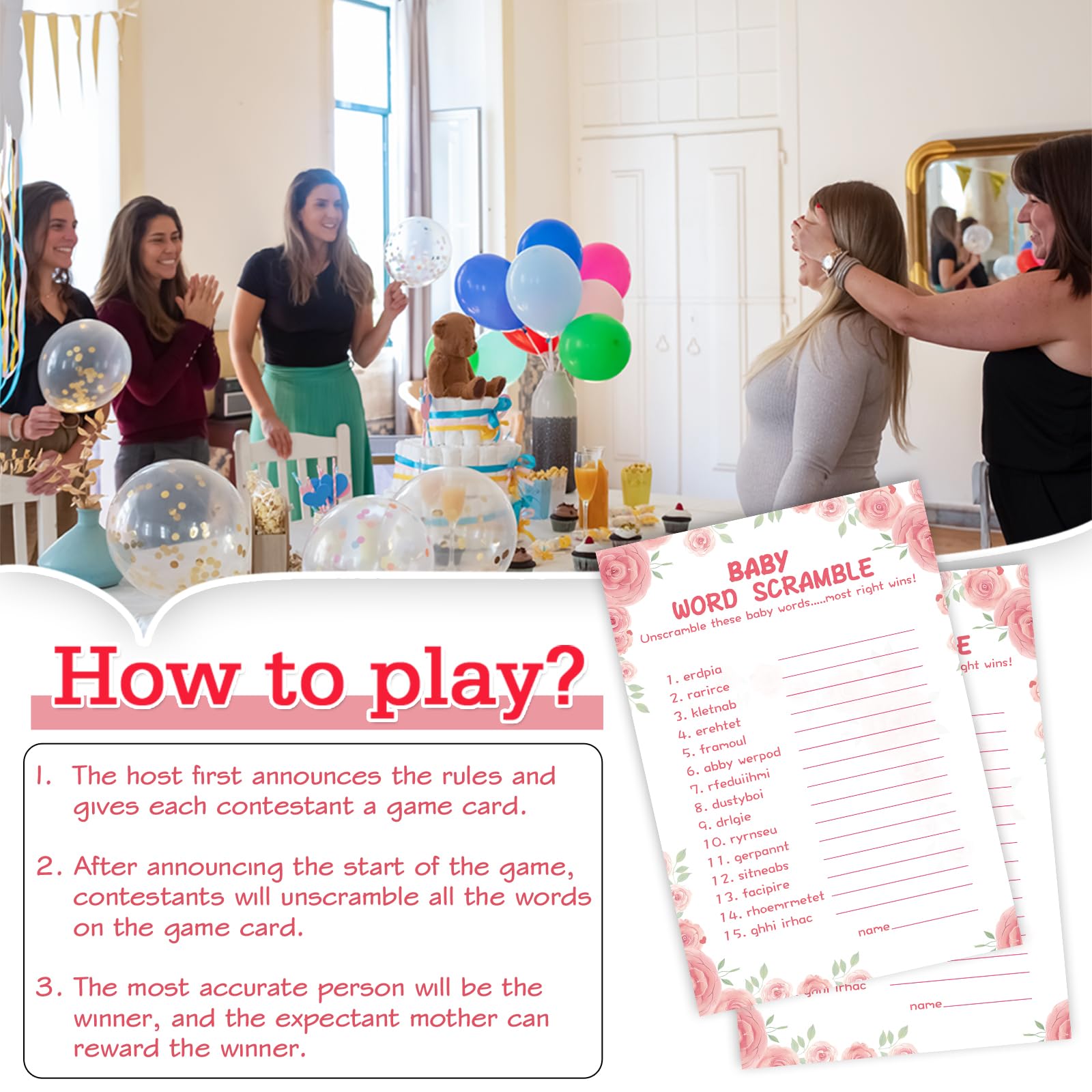 OLOUTAB Zestaw 50 zestawów na baby shower, kwiatowy, gruby karton, zabawny, łatwy do zabawy (z odpowiedzi)