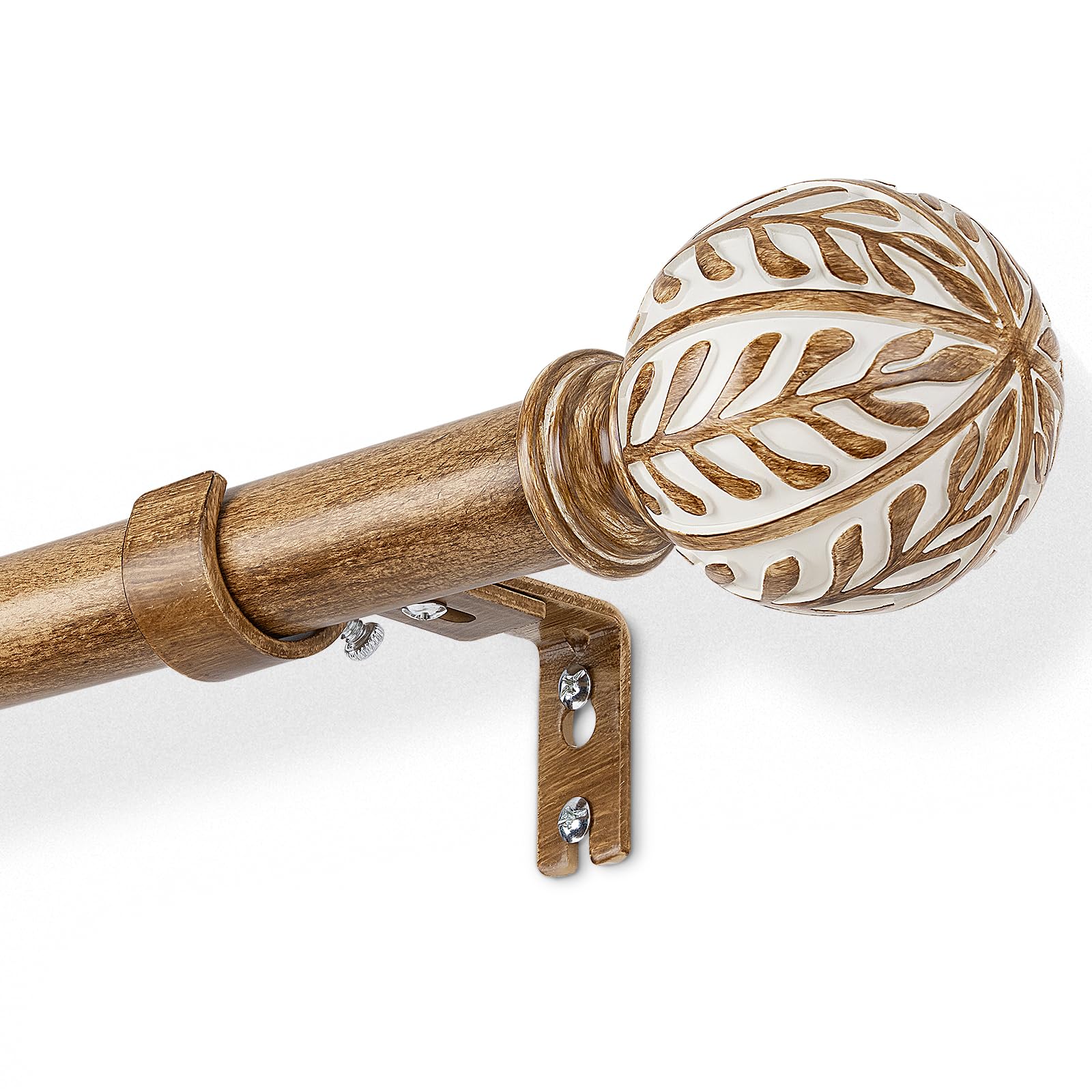 DEFYNEE Extendable Curtain Poles 76-219 cm | 25mm Metal Core with Wood Effect | Leaf Design Finials Curtain Rod for Windows & Doors, CoffeeBrown