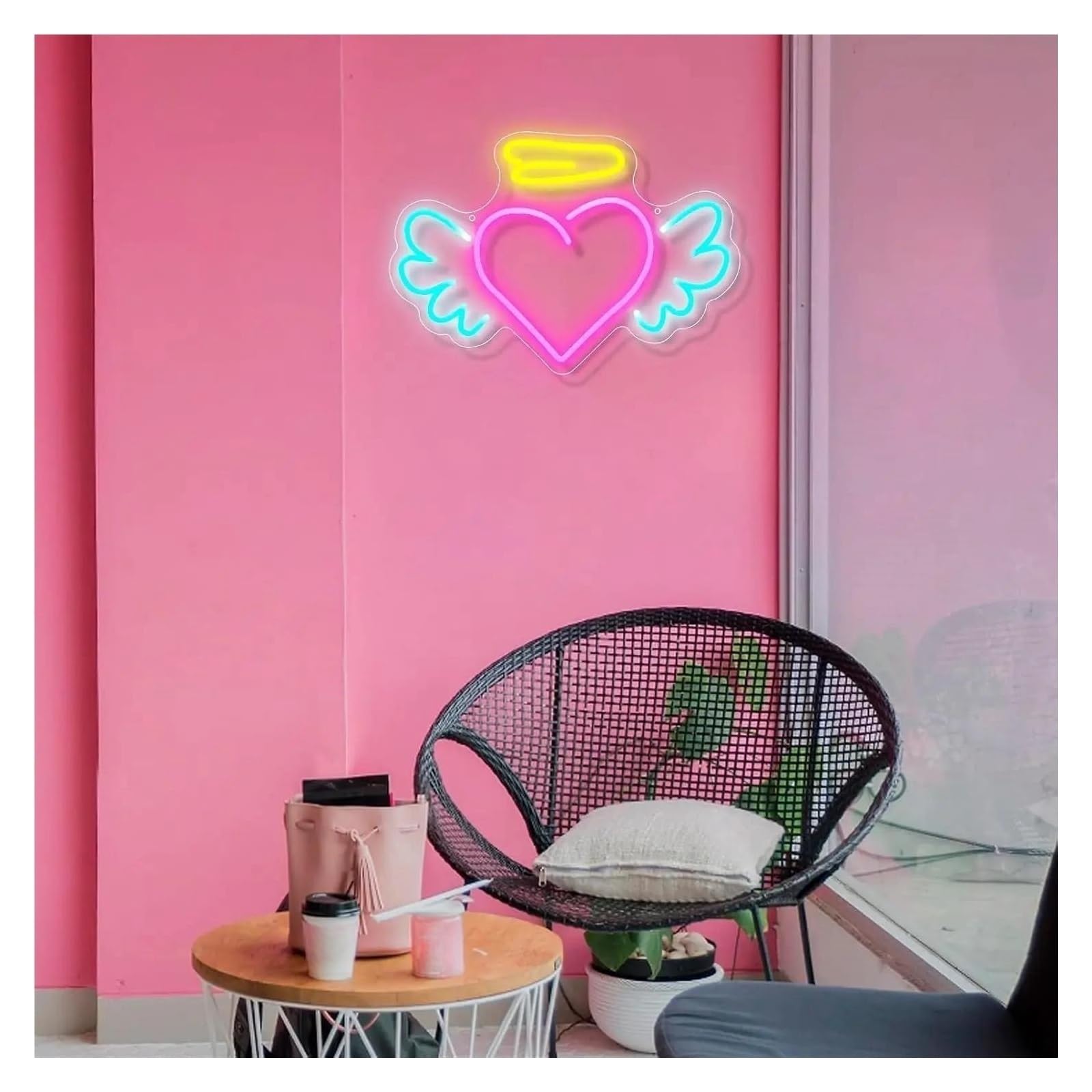 Señal de luz de neón Lámpara regulable con forma de corazón y alas ángel para letrero neón